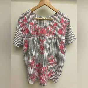 Layerz Clothing Pink Floral Embroidered Gingham Boho Blouse Top XL
